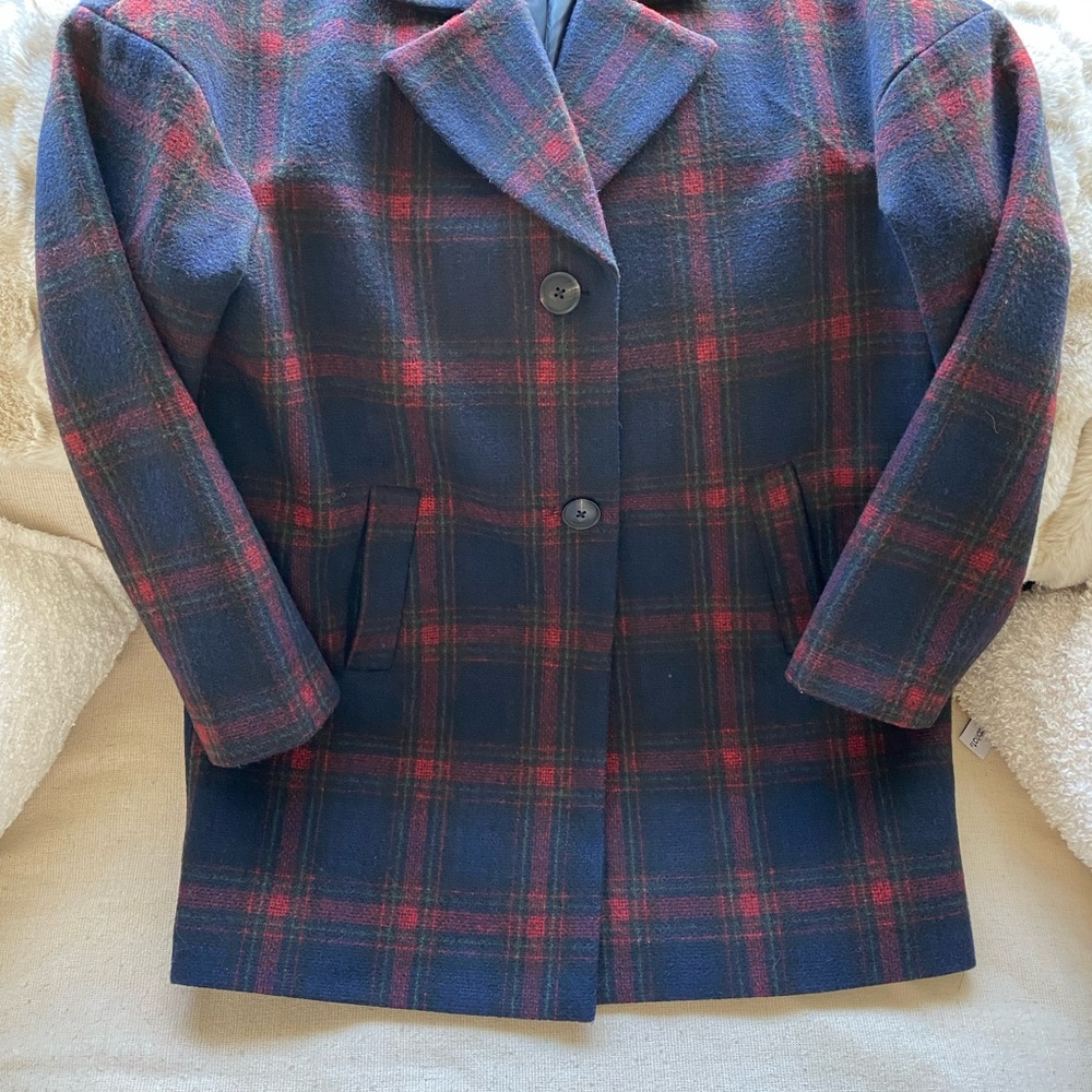 Guess Red and Blue Plaid Pea Coat